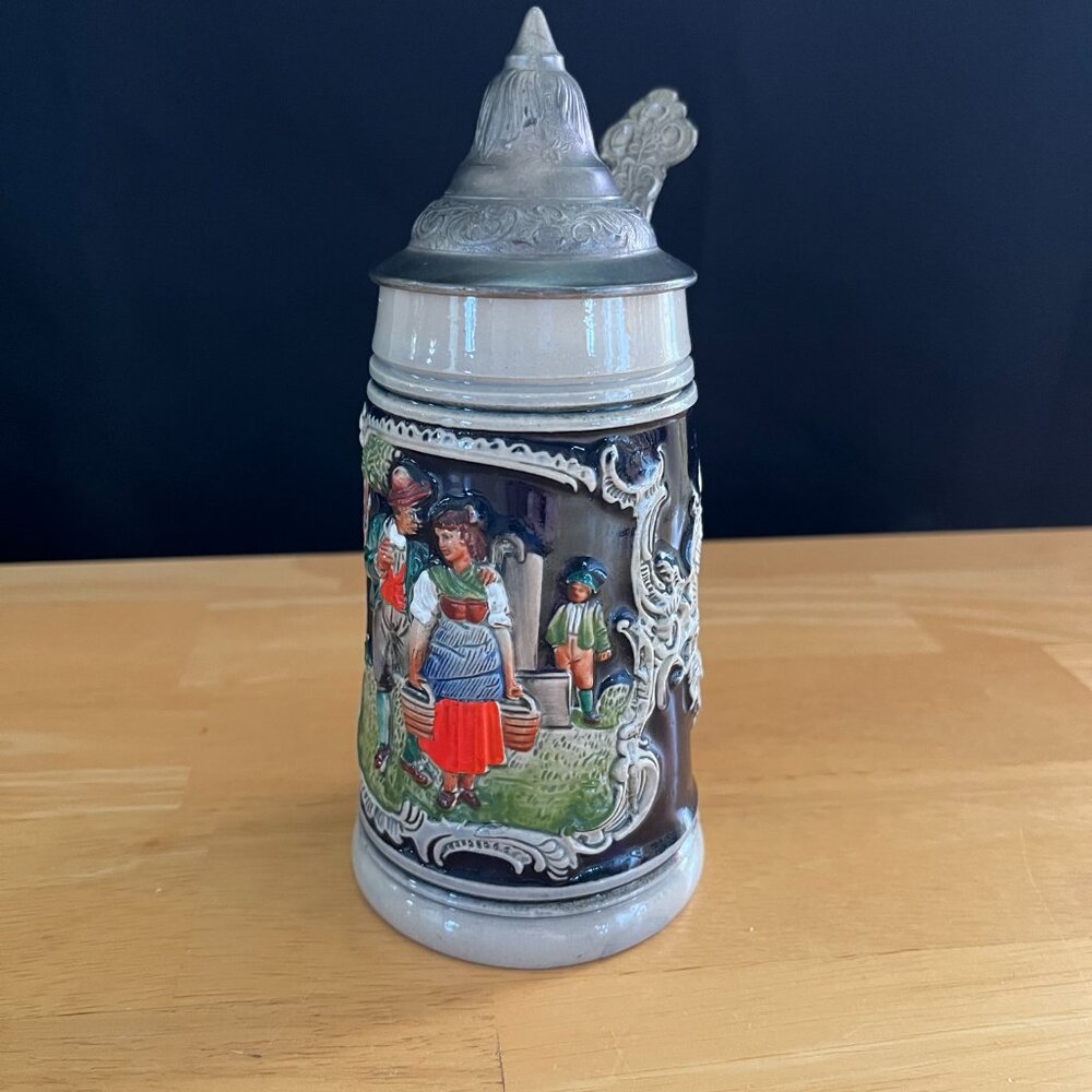 Vintage Germany Beer Stein. Painted Ceramic with Pewter Lid. Collector Item.